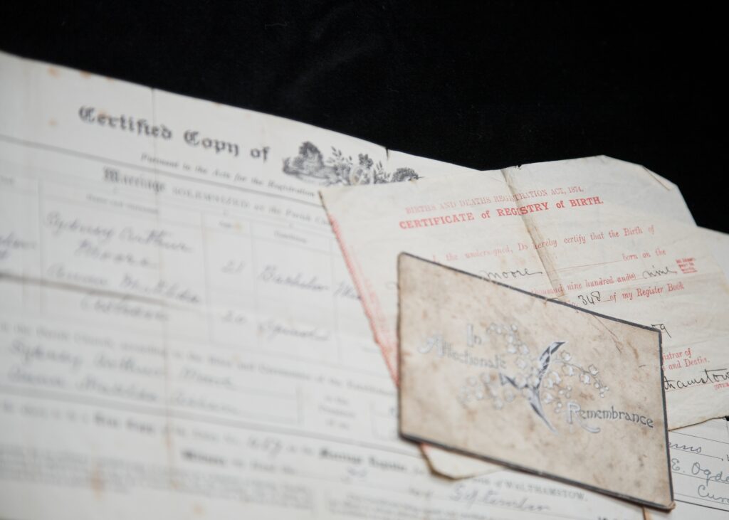 Old Family Documents Close Up of Certificate of Birth and Marriage