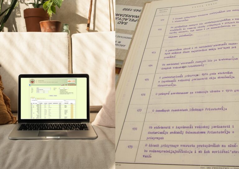 Split image: laptop showing the Geneteka Polish genealogy database next to a records in the polish archive &mdash; DIY research vs professional archival work